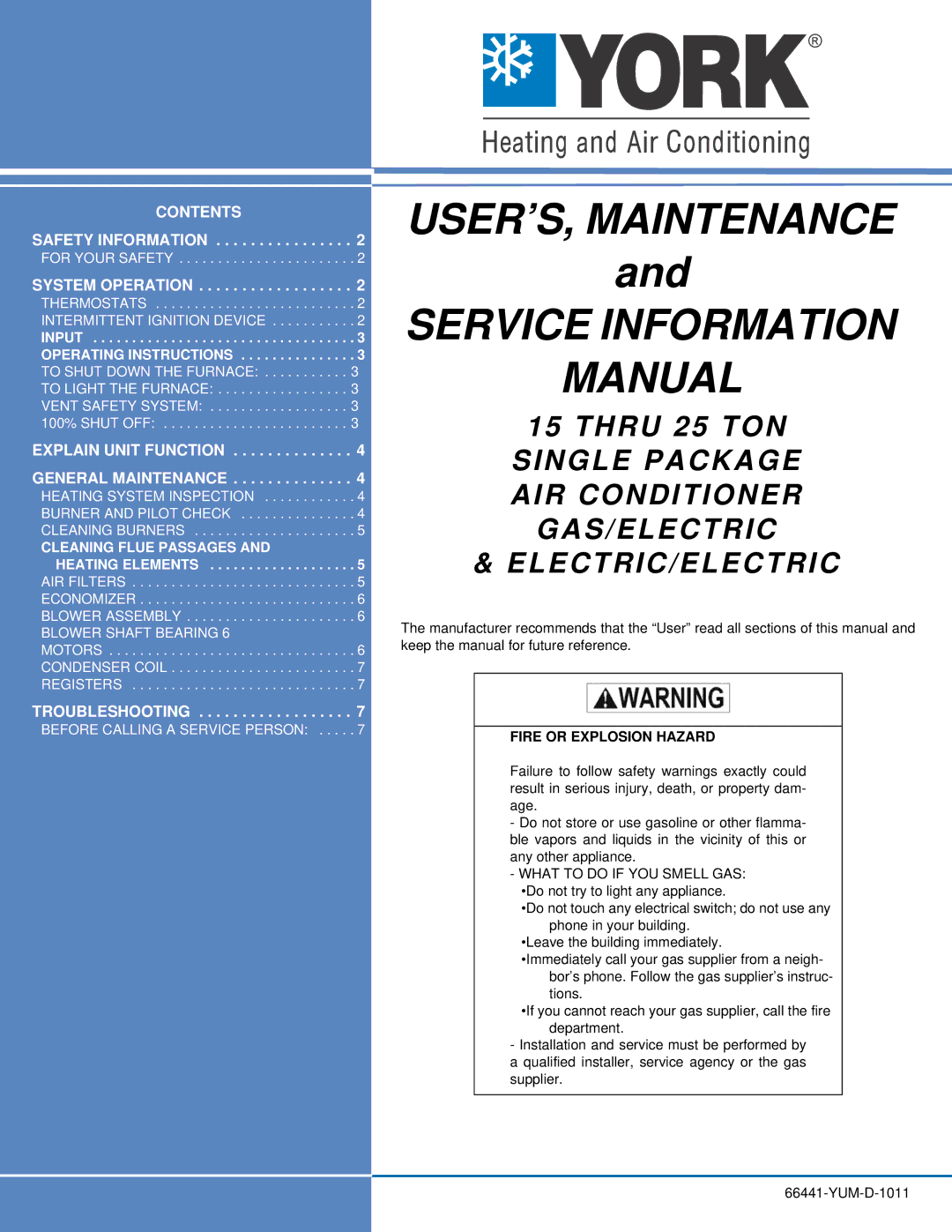 York 66441-YUM-D-1011 manual USER’S, Maintenance Service Information Manual 