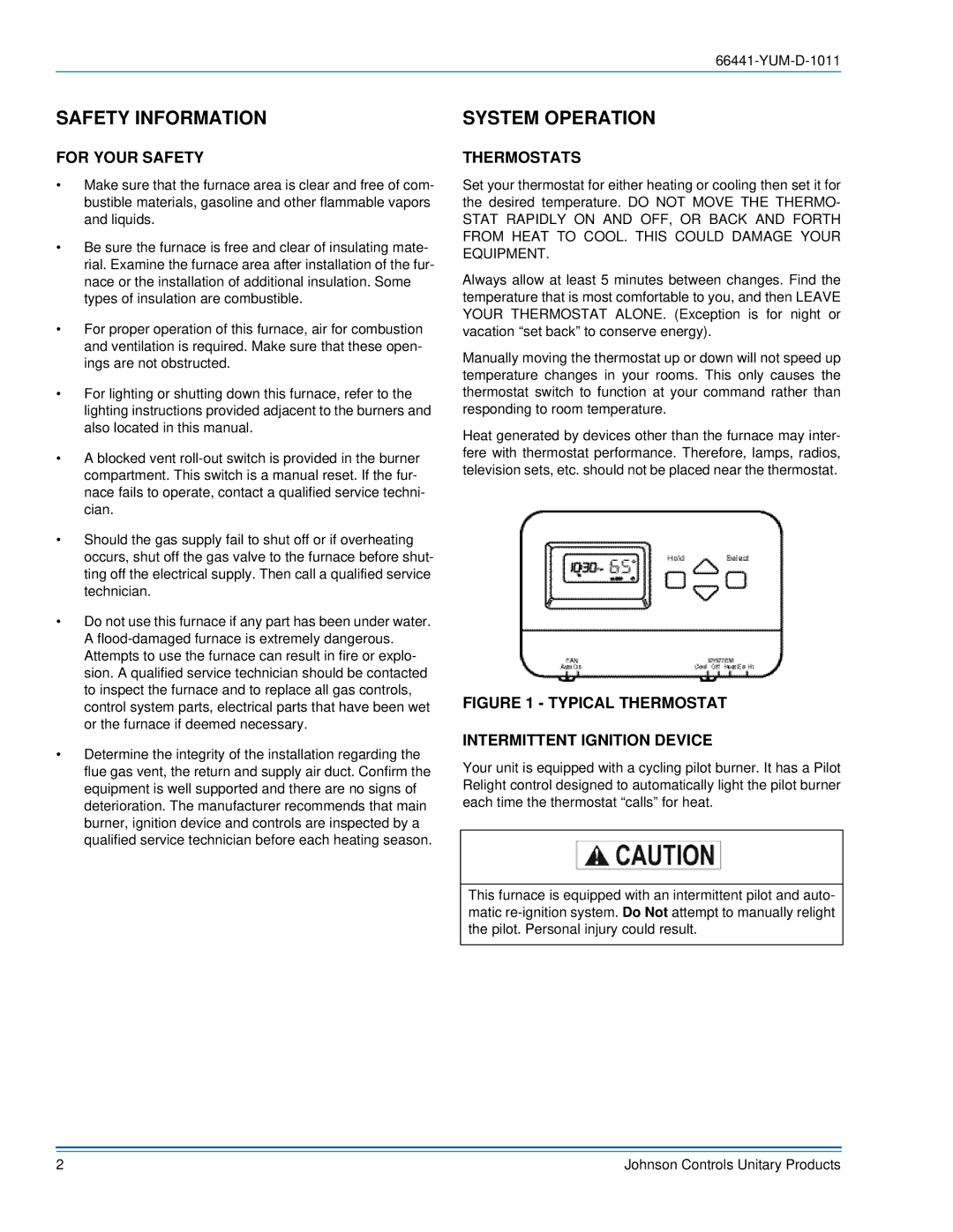 York 66441-YUM-D-1011 manual Safety Information, System Operation, For Your Safety, Thermostats 