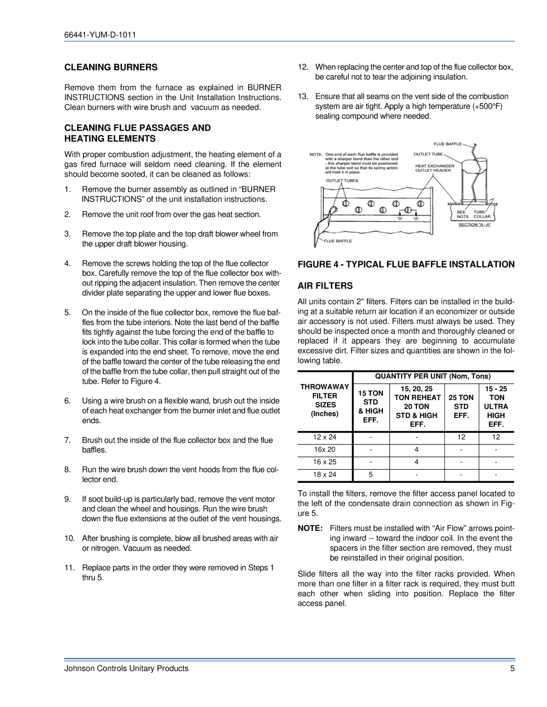 York 66441-YUM-D-1011 manual Cleaning Burners, Cleaning Flue Passages Heating Elements 