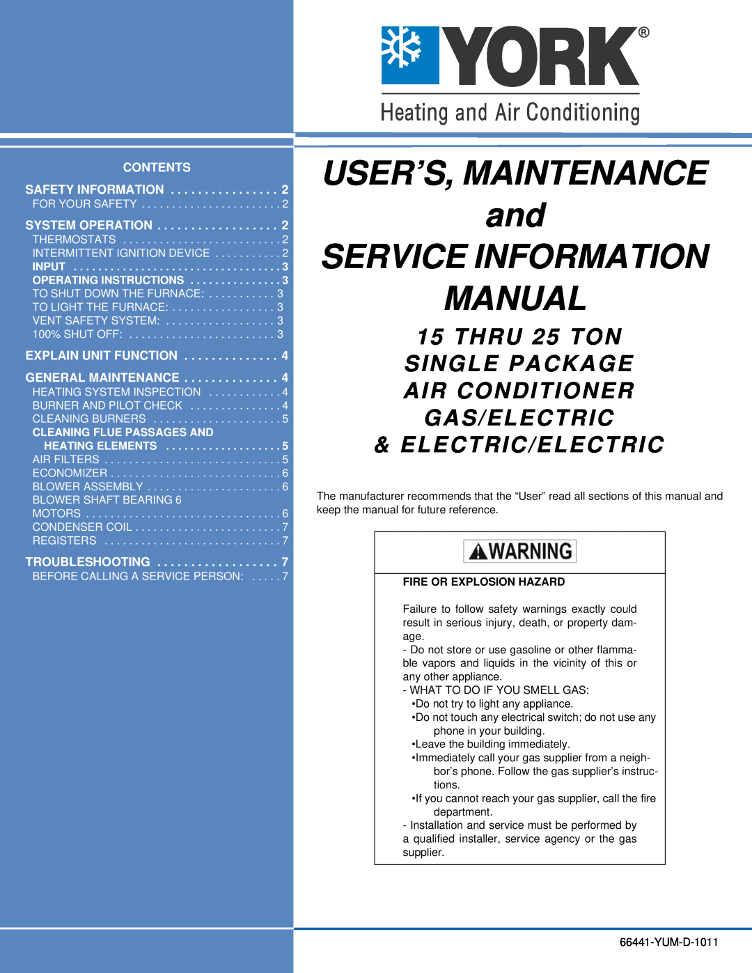 York 66441-YUM-D-1011 manual USER’S, MAINTENANCE and SERVICE INFORMATION, Manual, THRU 25 TON, Electric/Electric 