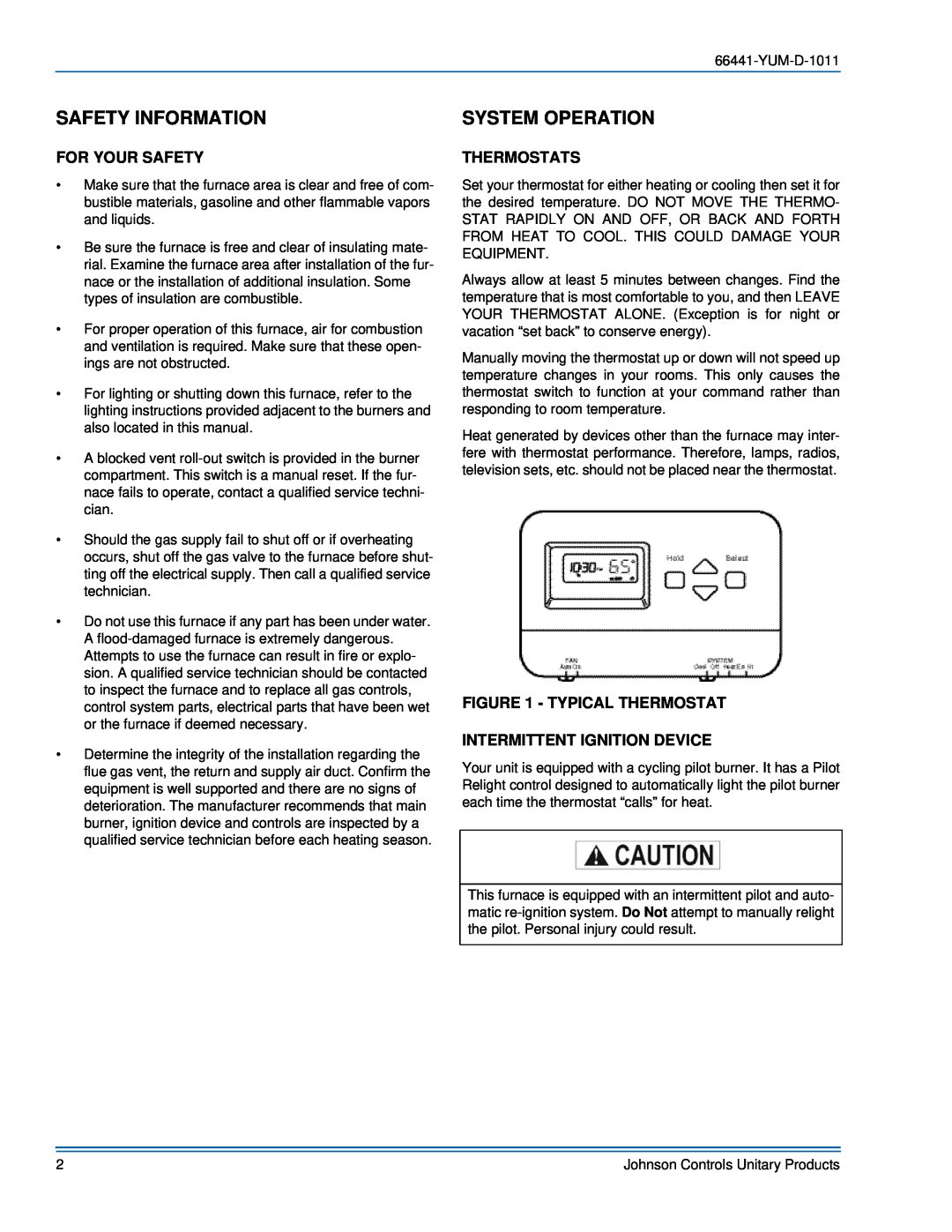 York 66441-YUM-D-1011 manual Safety Information, System Operation, For Your Safety, Thermostats, Typical Thermostat 