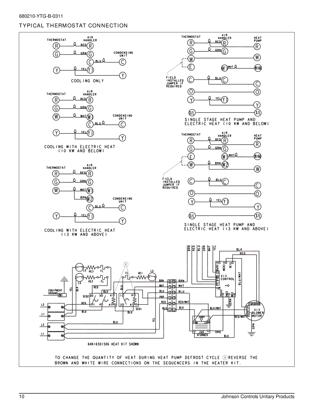 York AHE18 THRU 60 warranty Typical Thermostat Connection 