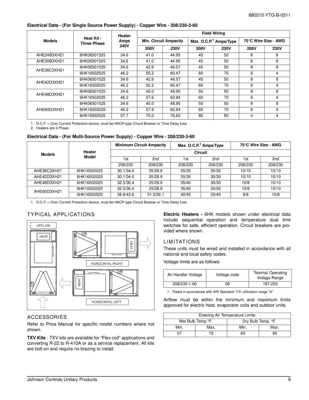 York AHE18 THRU 60 warranty Typical Applications, Accessories, Limitations 