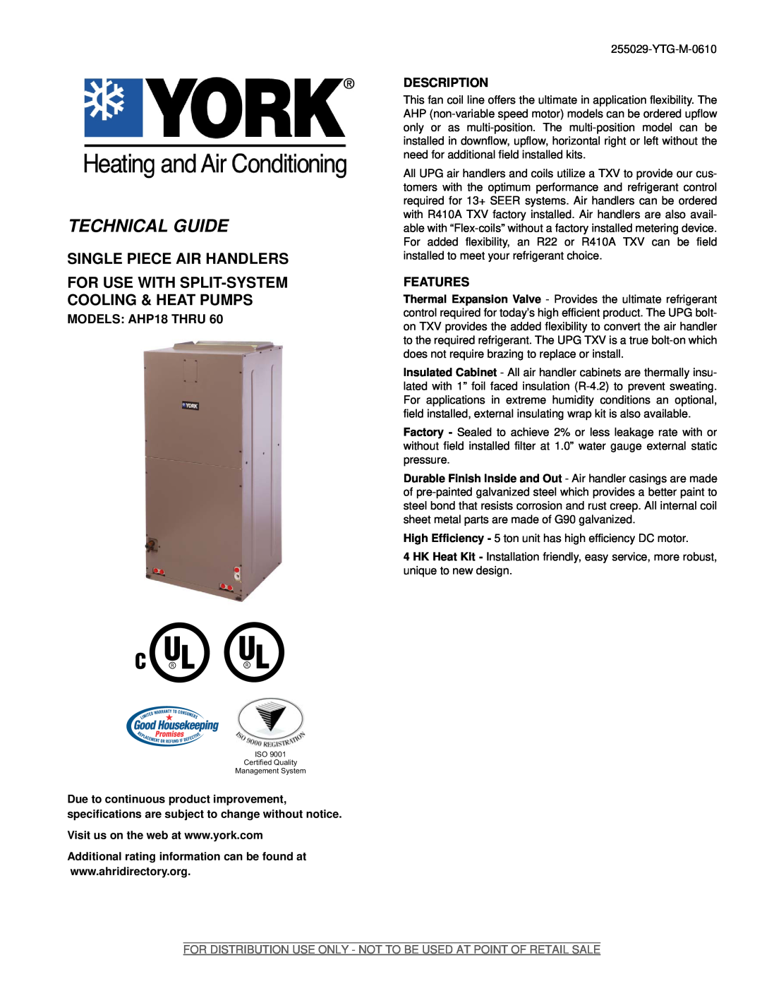 York specifications MODELS AHP18 THRU, Description, Features, Technical Guide, Single Piece Air Handlers 