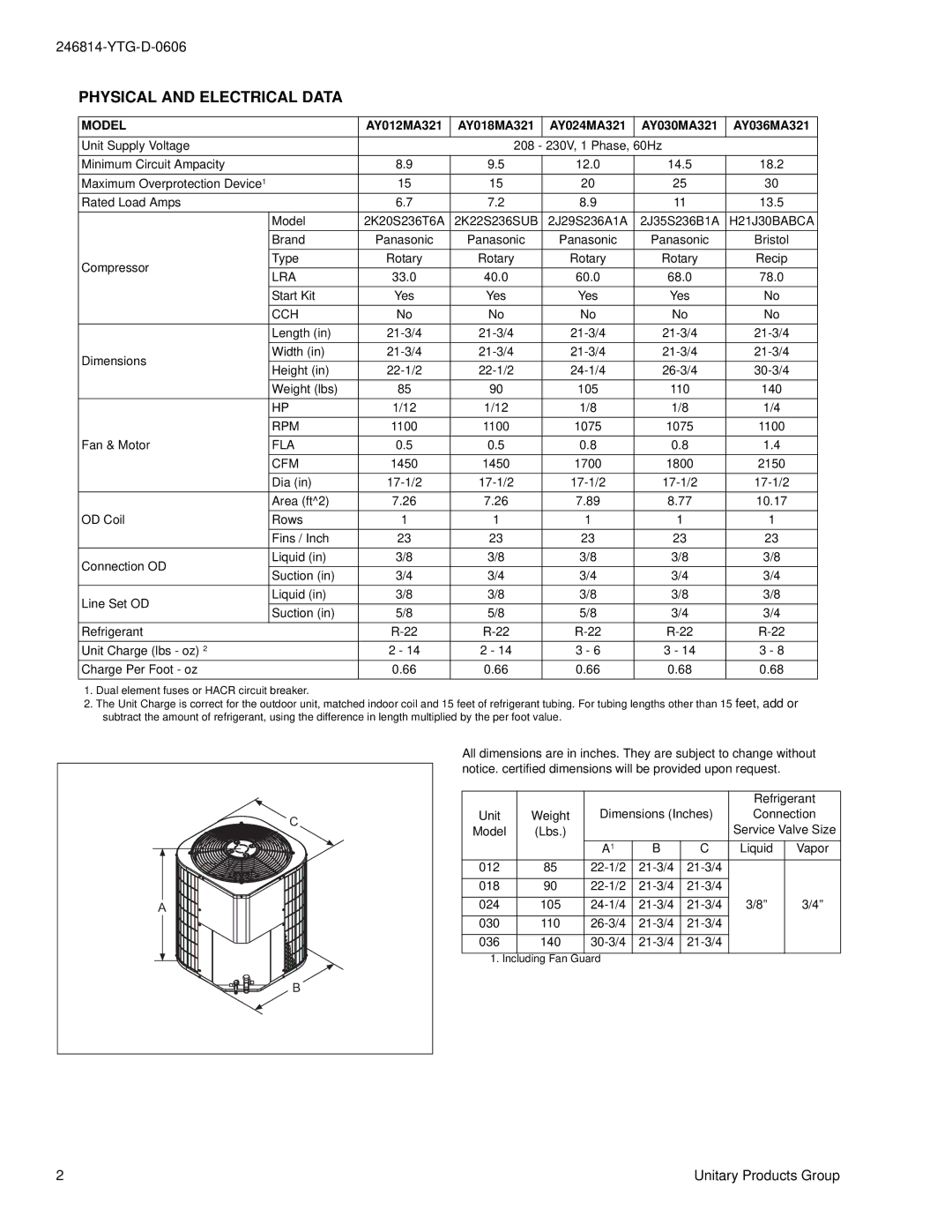 York warranty Physical and Electrical Data, AY012MA321 AY018MA321 AY024MA321 AY030MA321 AY036MA321 