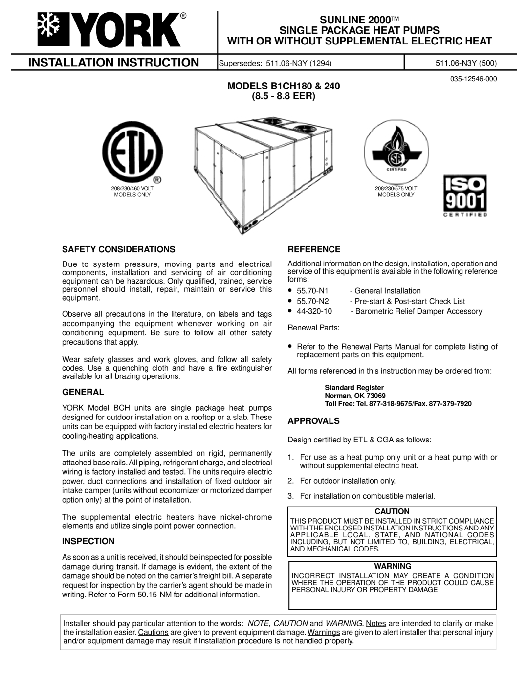 York B1CH240, B1CH180 installation instructions Sunline 2000 Single Package Heat Pumps 