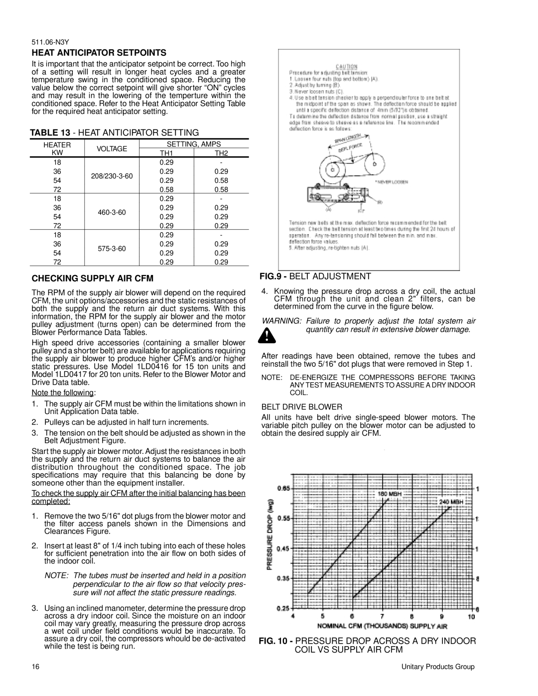 York B1CH180, B1CH240 Heat Anticipator Setpoints, Heat Anticipator Setting, Checking Supply AIR CFM, Belt Drive Blower 