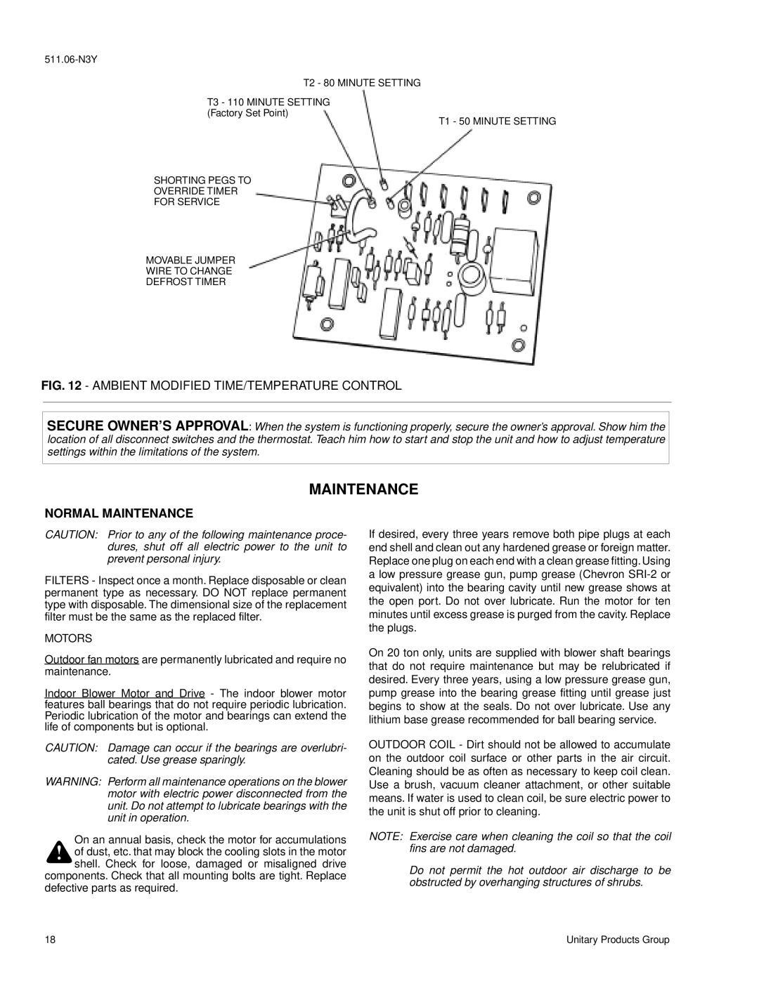 York B1CH180, B1CH240 installation instructions Normal Maintenance, Motors, T2 80 Minute Setting T3 110 Minute Setting 