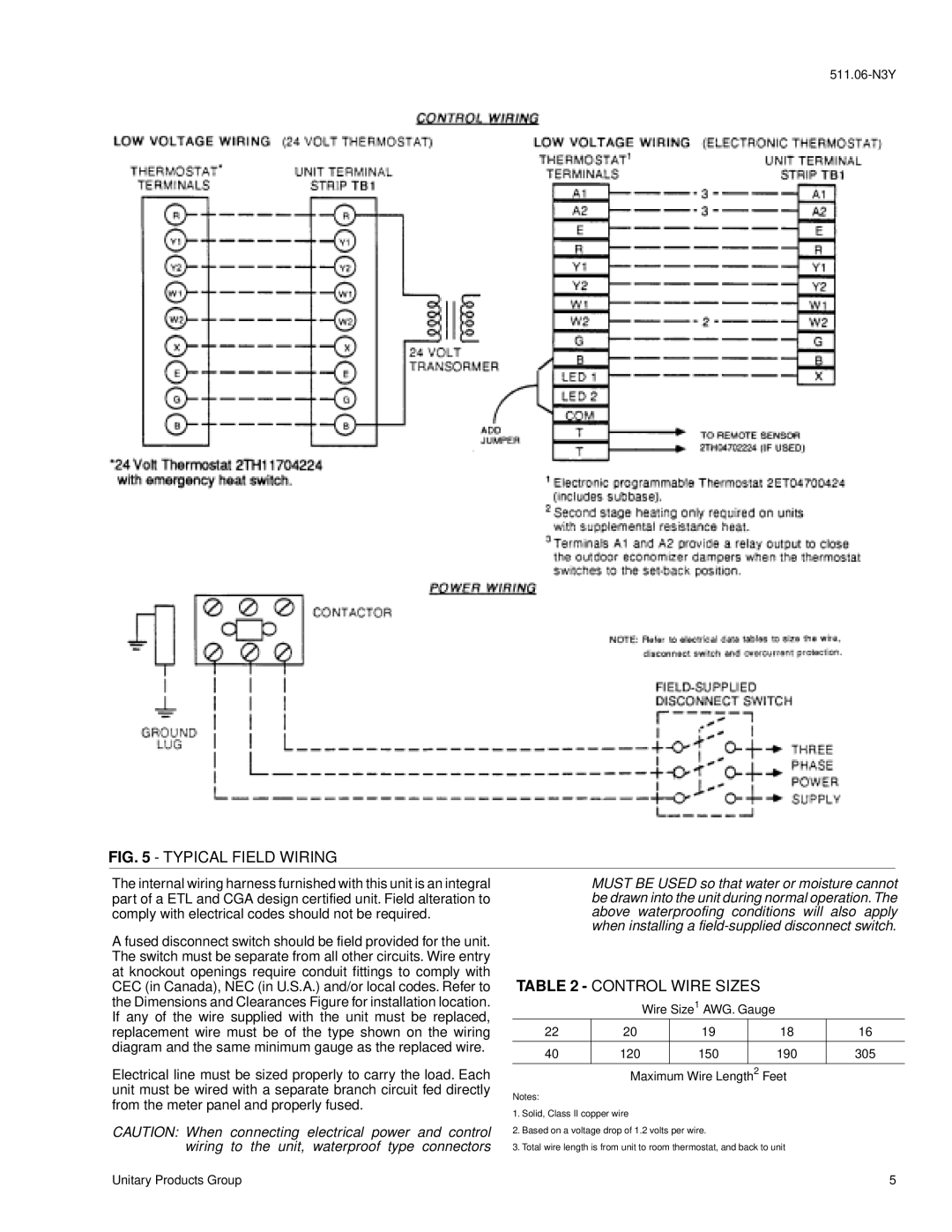 York B1CH240, B1CH180 installation instructions Typical Field Wiring, Control Wire Sizes 