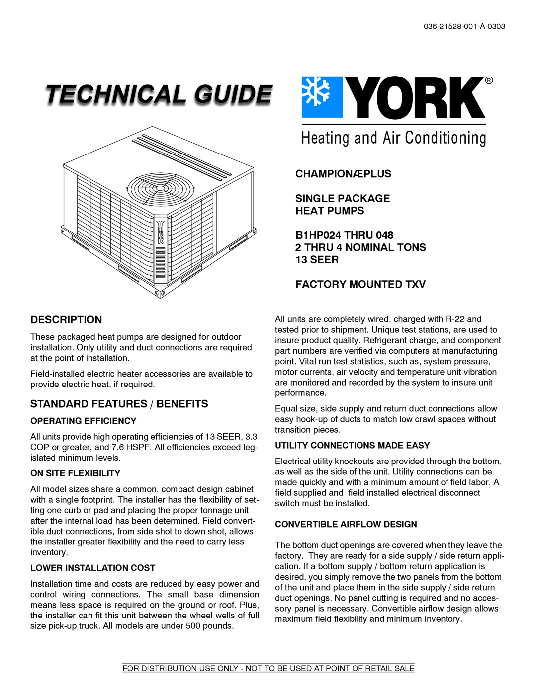 York B1HP024 THRU 048 manual Description, Standard Features / Benefits, Championæplus Single Package Heat Pumps 