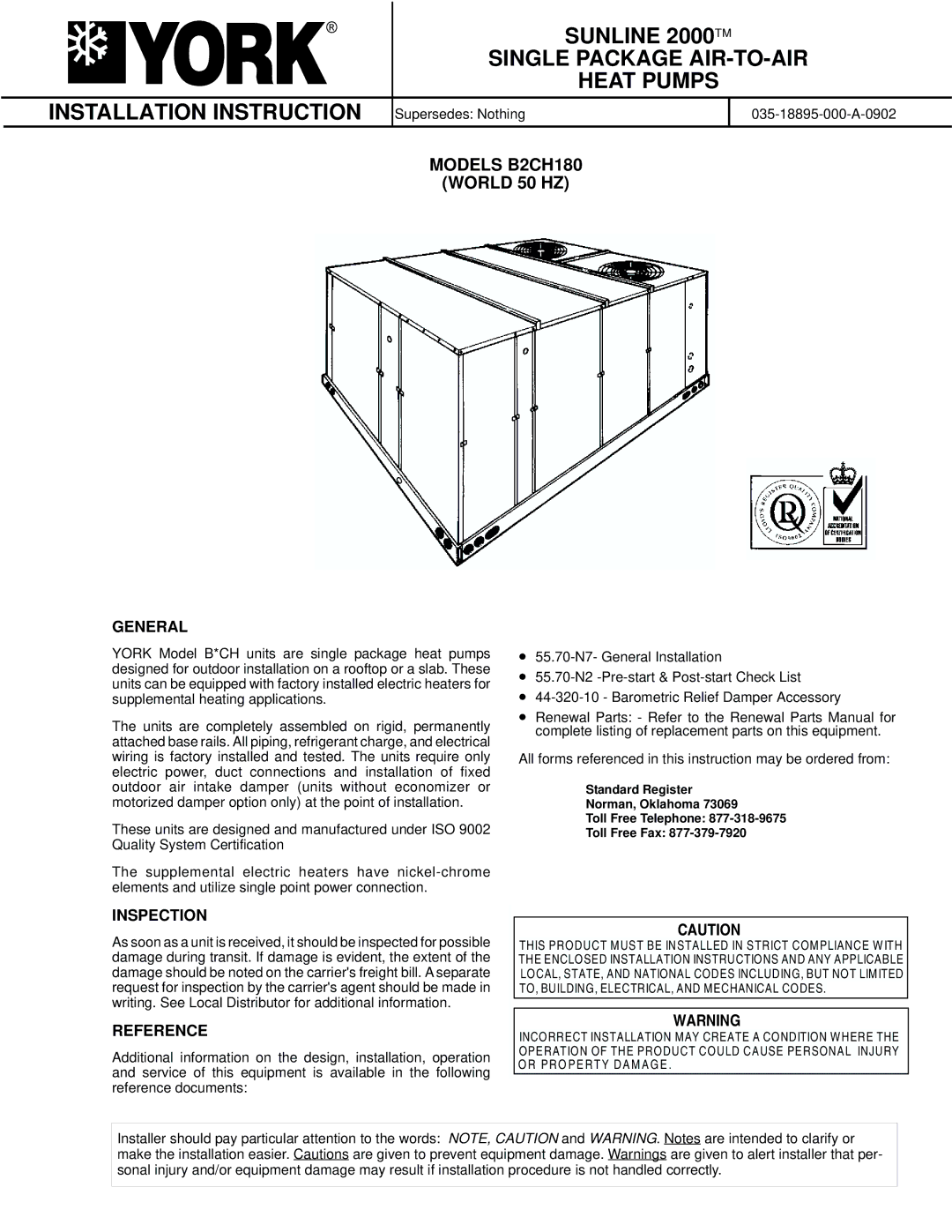 York B2CH180 installation instructions General, Inspection, Reference 