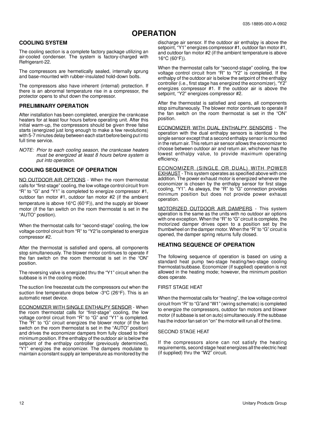 York B2CH180 Cooling System, Preliminary Operation, Cooling Sequence of Operation, Heating Sequence of Operation 