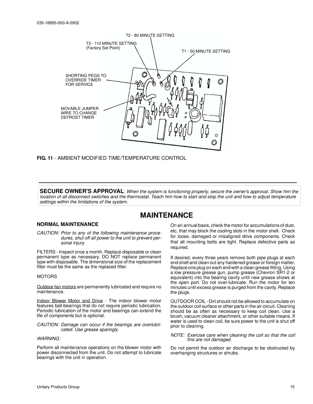 York B2CH180 installation instructions Normal Maintenance, Motors, T2 80 Minute Setting T3 110 Minute Setting 