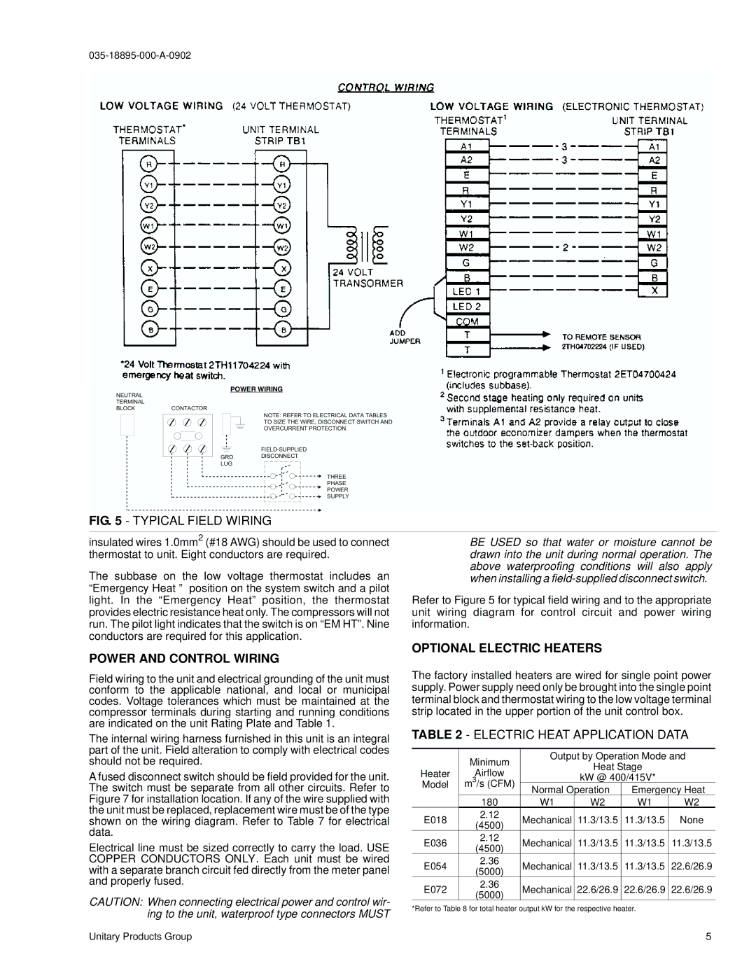 York B2CH180 installation instructions Power and Control Wiring, Optional Electric Heaters 