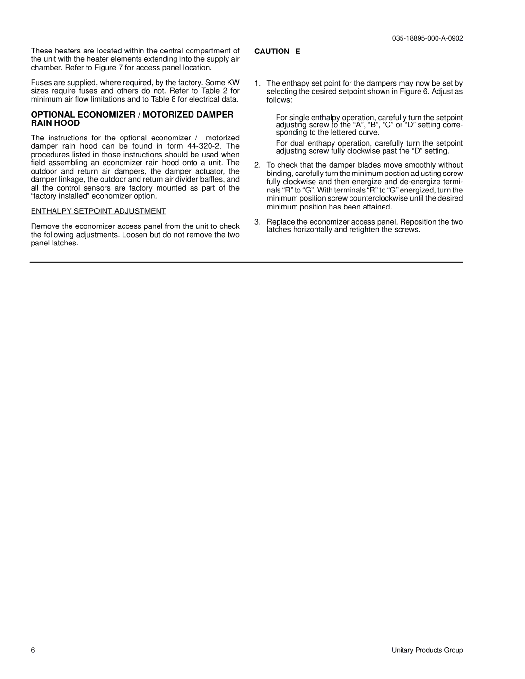 York B2CH180 installation instructions Optional Economizer / Motorized Damper Rain Hood, Enthalpy Setpoint Adjustment 