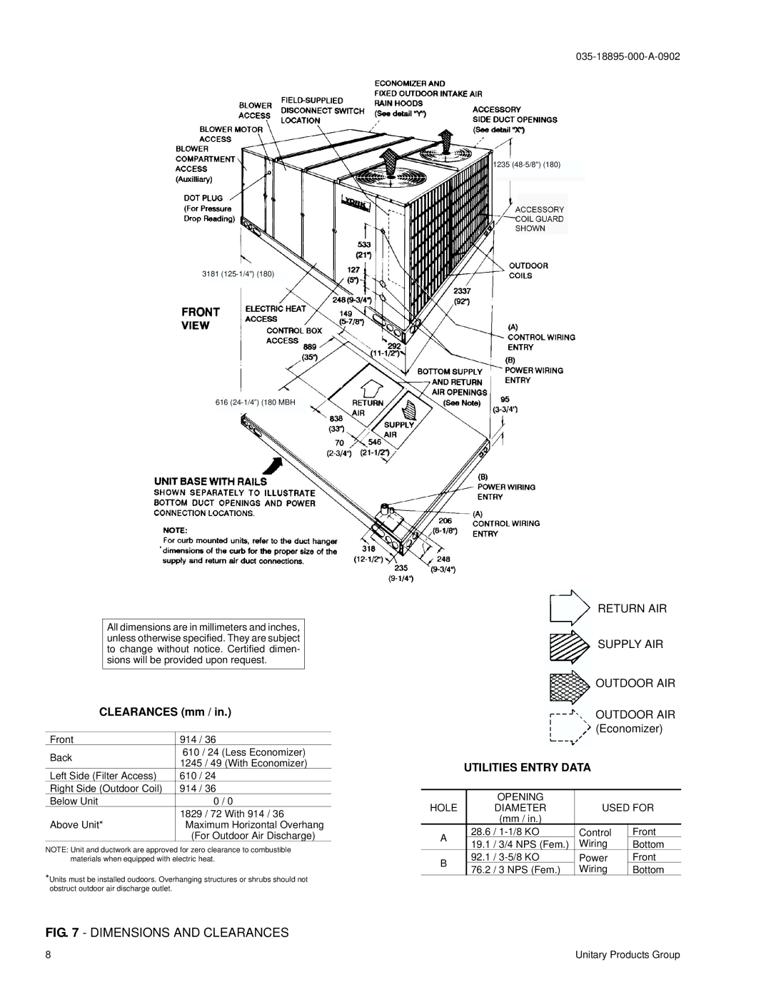 York B2CH180 installation instructions Return AIR Supply AIR Outdoor AIR, Opening Hole Diameter Used for 