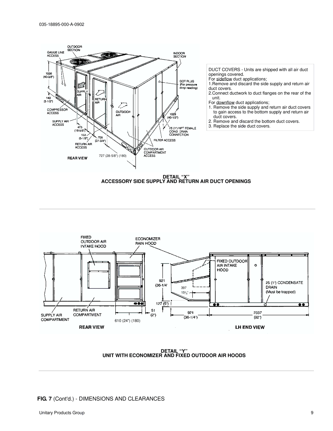 York B2CH180 installation instructions Contd. Dimensions and Clearances 