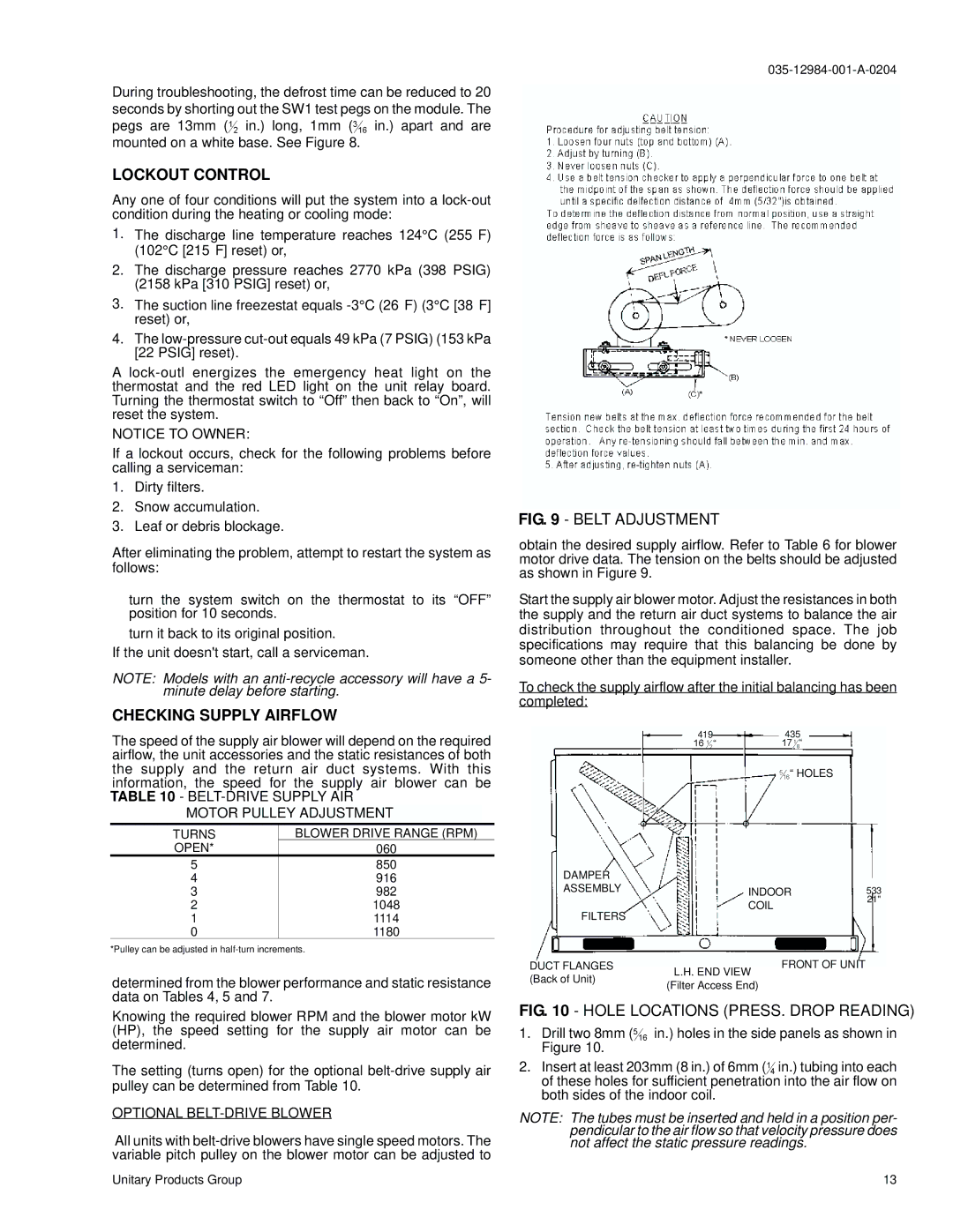 York B3CH 048 and 060 installation instructions Lockout Control, Checking Supply Airflow, Turns Blower Drive Range RPM Open 