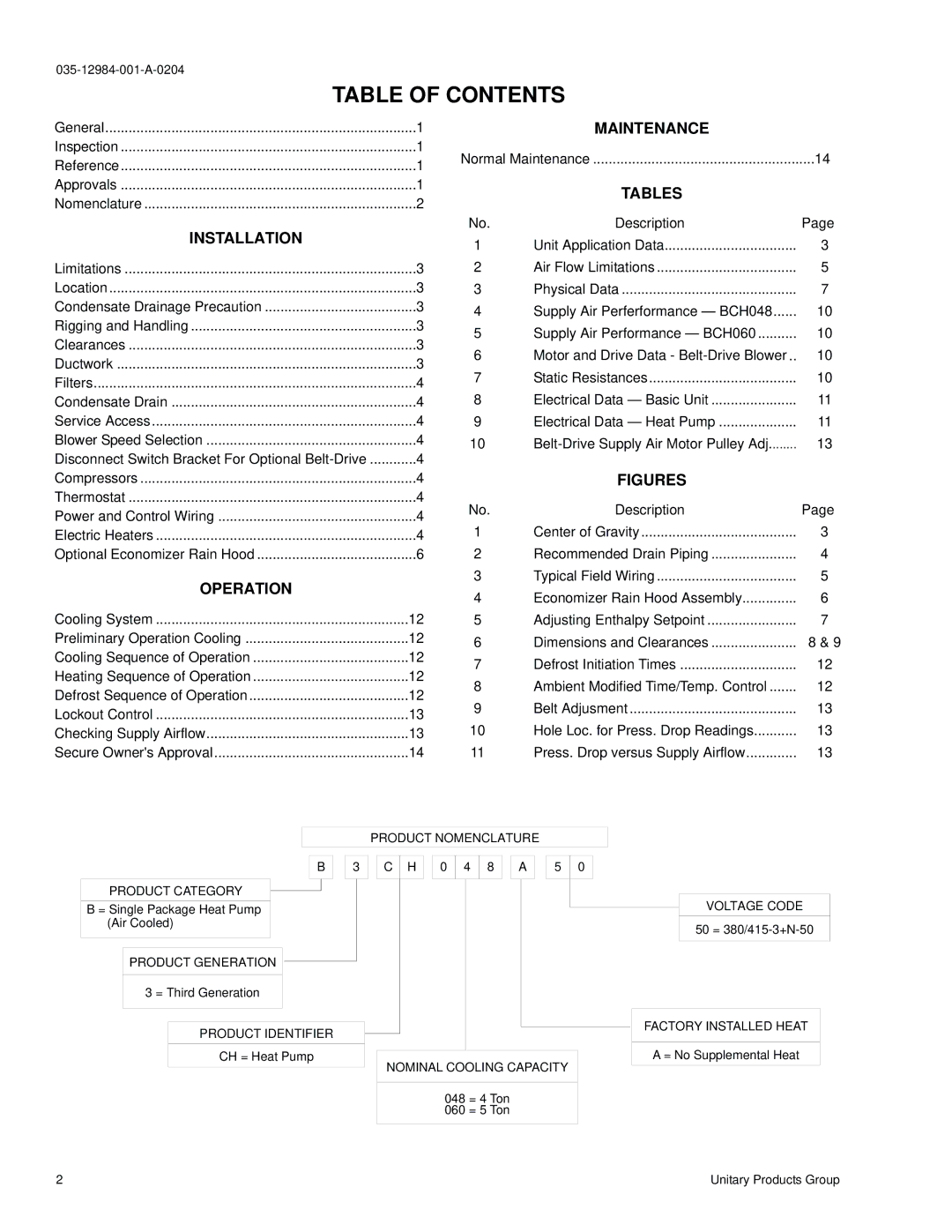 York B3CH 048 and 060 installation instructions Table of Contents 