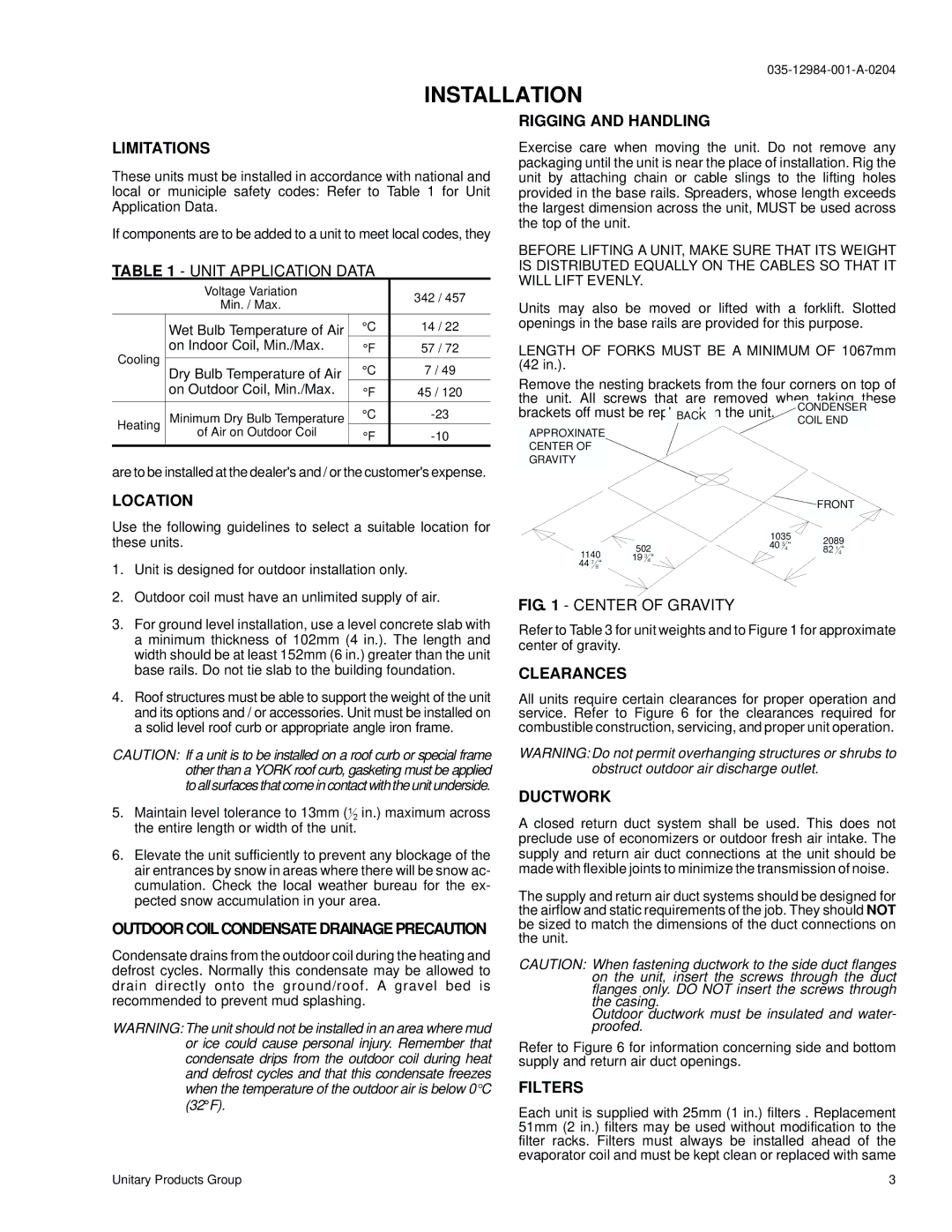 York B3CH 048 and 060 installation instructions Installation 