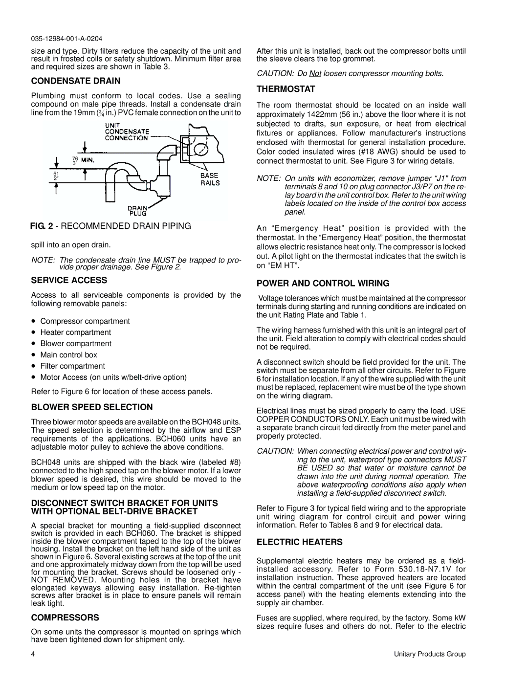 York B3CH 048 and 060 Condensate Drain, Service Access, Blower Speed Selection, Compressors, Thermostat, Electric Heaters 