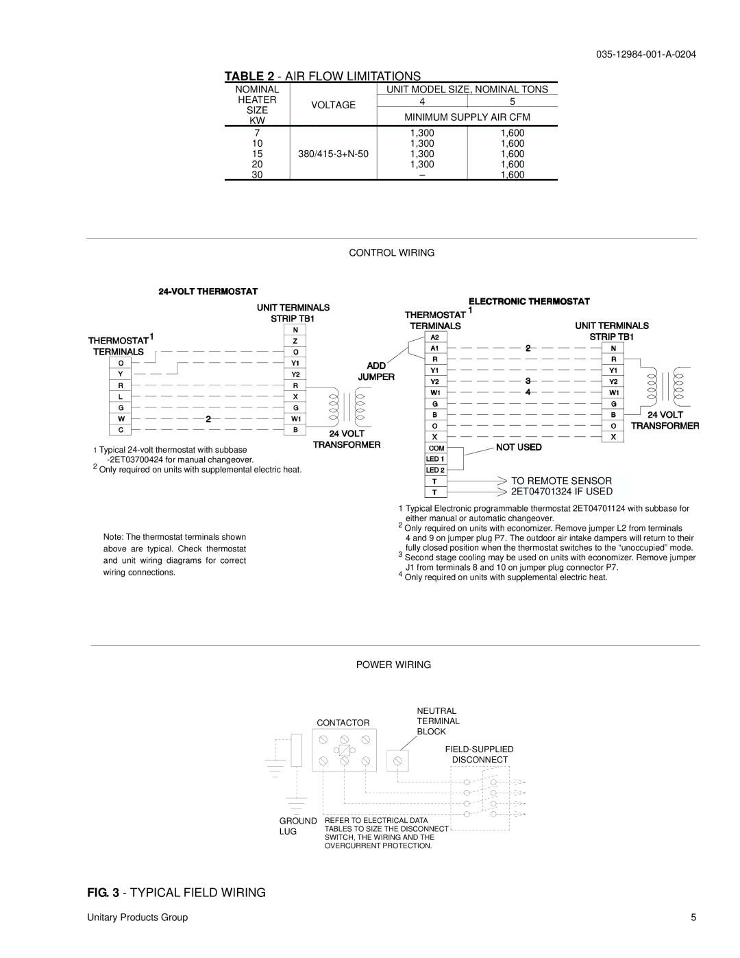 York B3CH 048 and 060 300 600, Control Wiring, To Remote Sensor, 2ET04701324 if Used, Power Wiring 