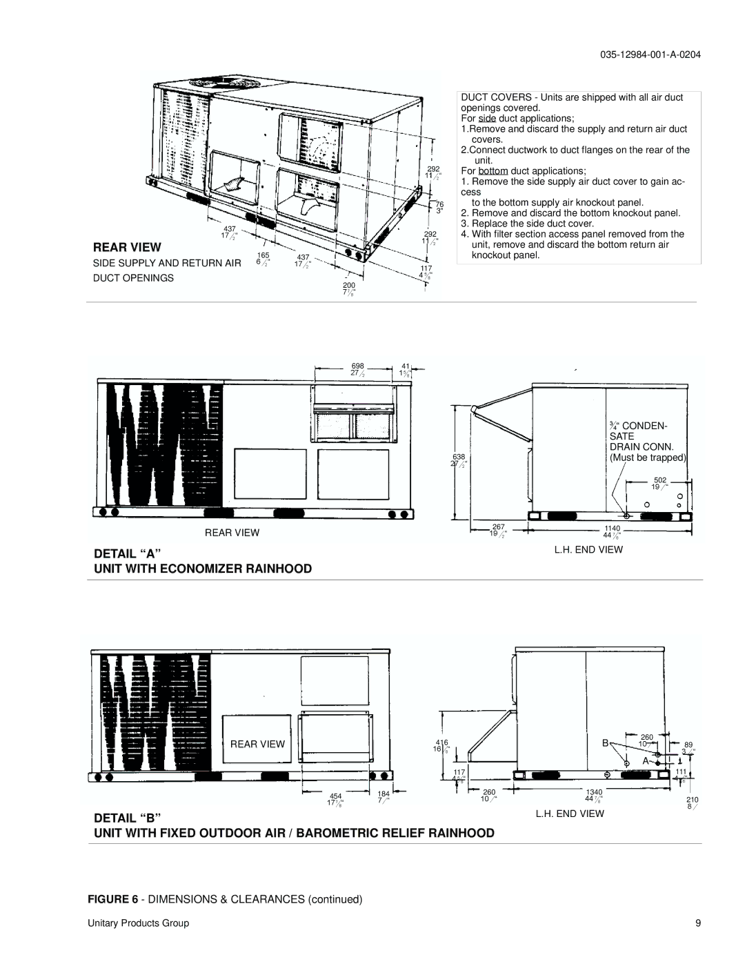 York B3CH 048 and 060 installation instructions Rear View, Detail a, Unit with Economizer Rainhood 