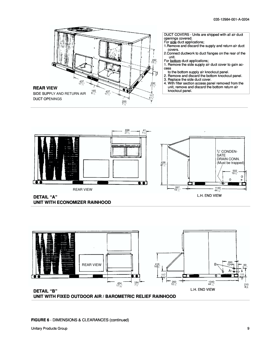 York B3CH 048 and 060 Rear View, Detail “A”, Unit With Economizer Rainhood, Detail “B”, DIMENSIONS & CLEARANCES continued 