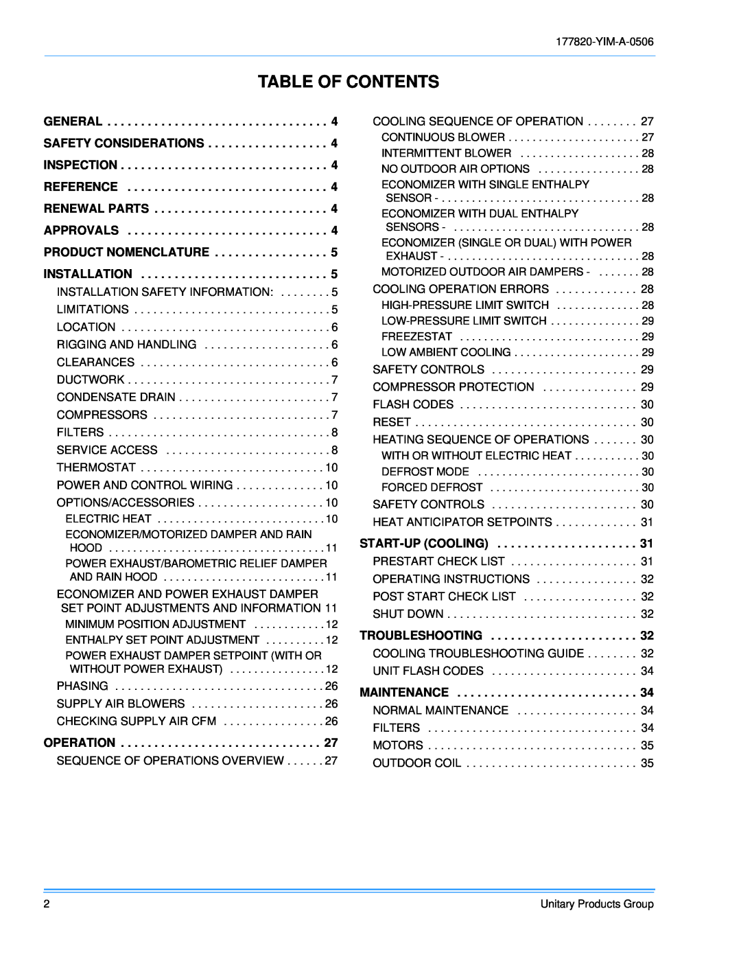 York BCH 036, 048 & 060 Table Of Contents, Sequence Of Operations Overview, Cooling Sequence Of Operation 