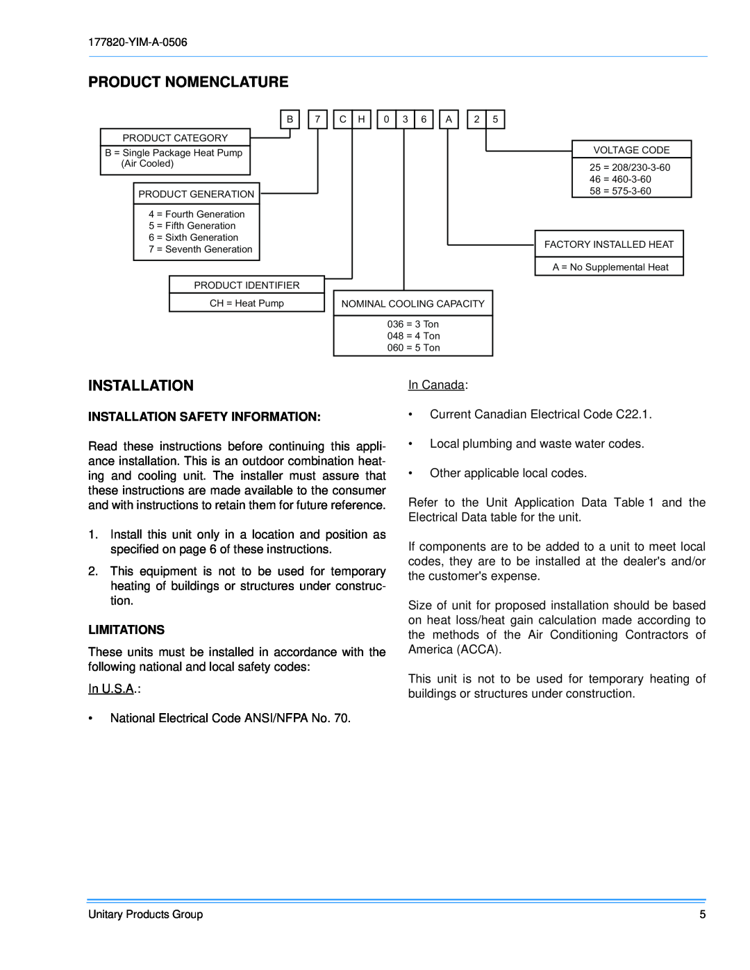 York 048 & 060, BCH 036 installation manual Product Nomenclature, Installation Safety Information, Limitations 