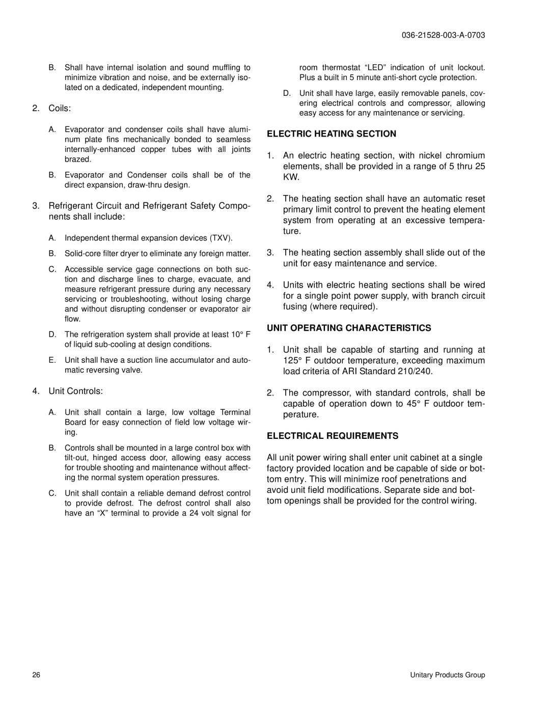 York BHP024 manual Electric Heating Section, Unit Operating Characteristics, Electrical Requirements 