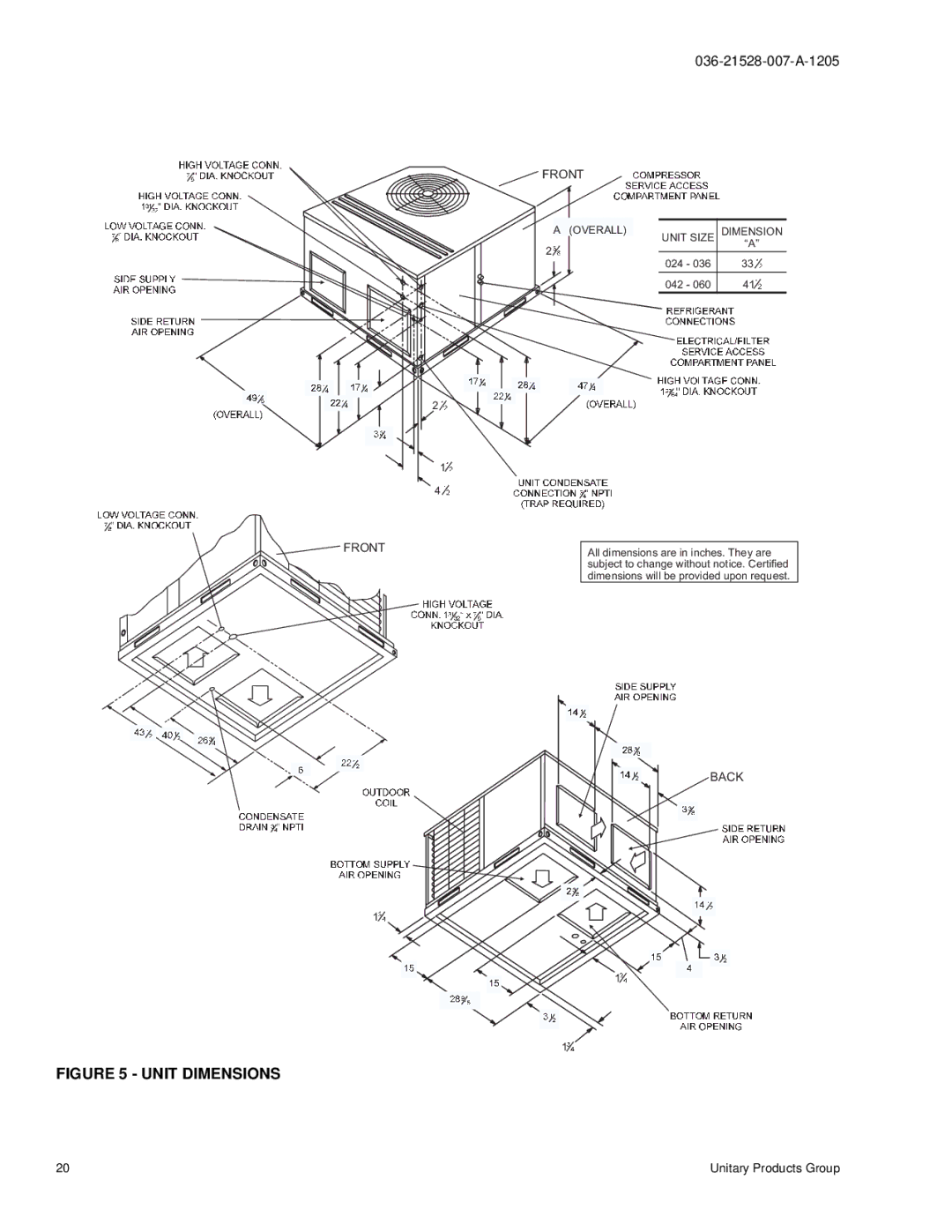 York BHP024 manual Unit Dimensions 