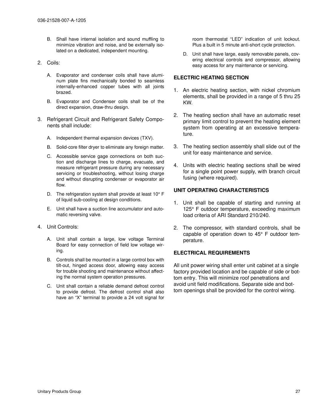 York BHP024 manual Electric Heating Section, Unit Operating Characteristics, Electrical Requirements 