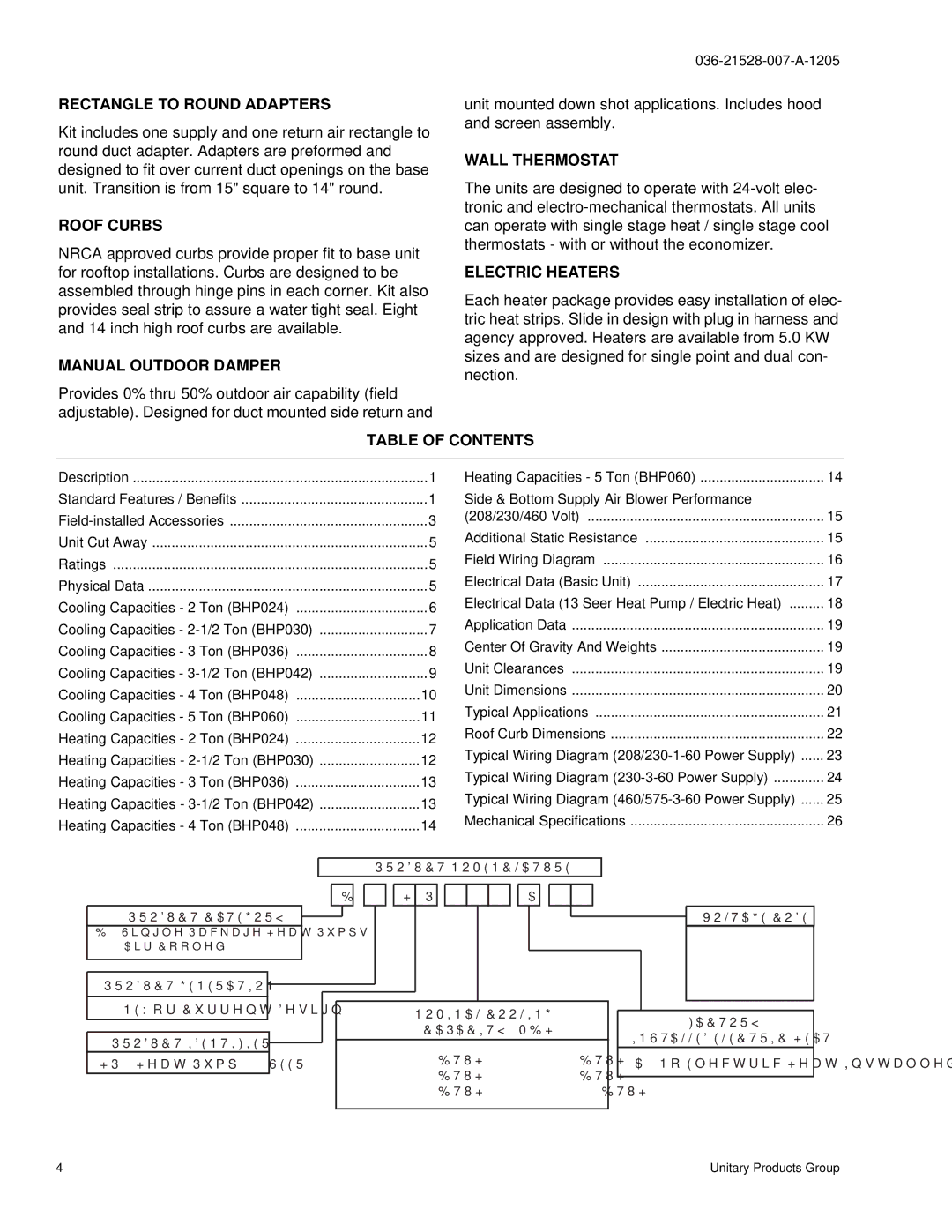 York BHP024 manual Rectangle to Round Adapters, Roof Curbs, Manual Outdoor Damper, Wall Thermostat, Electric Heaters 