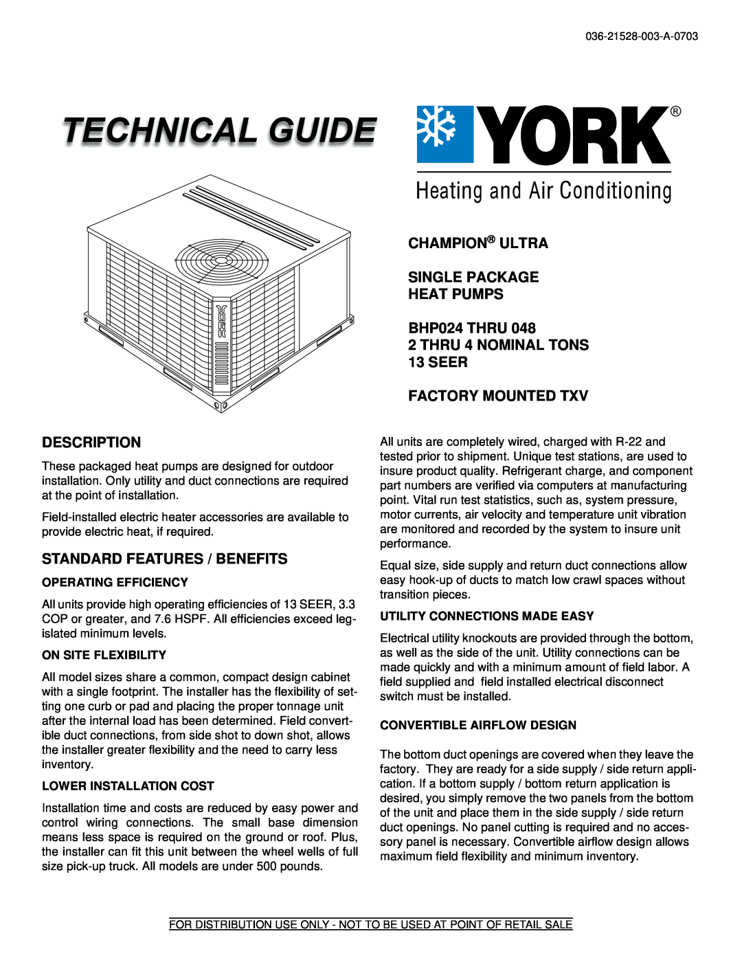 York BHP024 manual Description, Standard Features / Benefits, Affinity Series Single Package Heat Pumps 