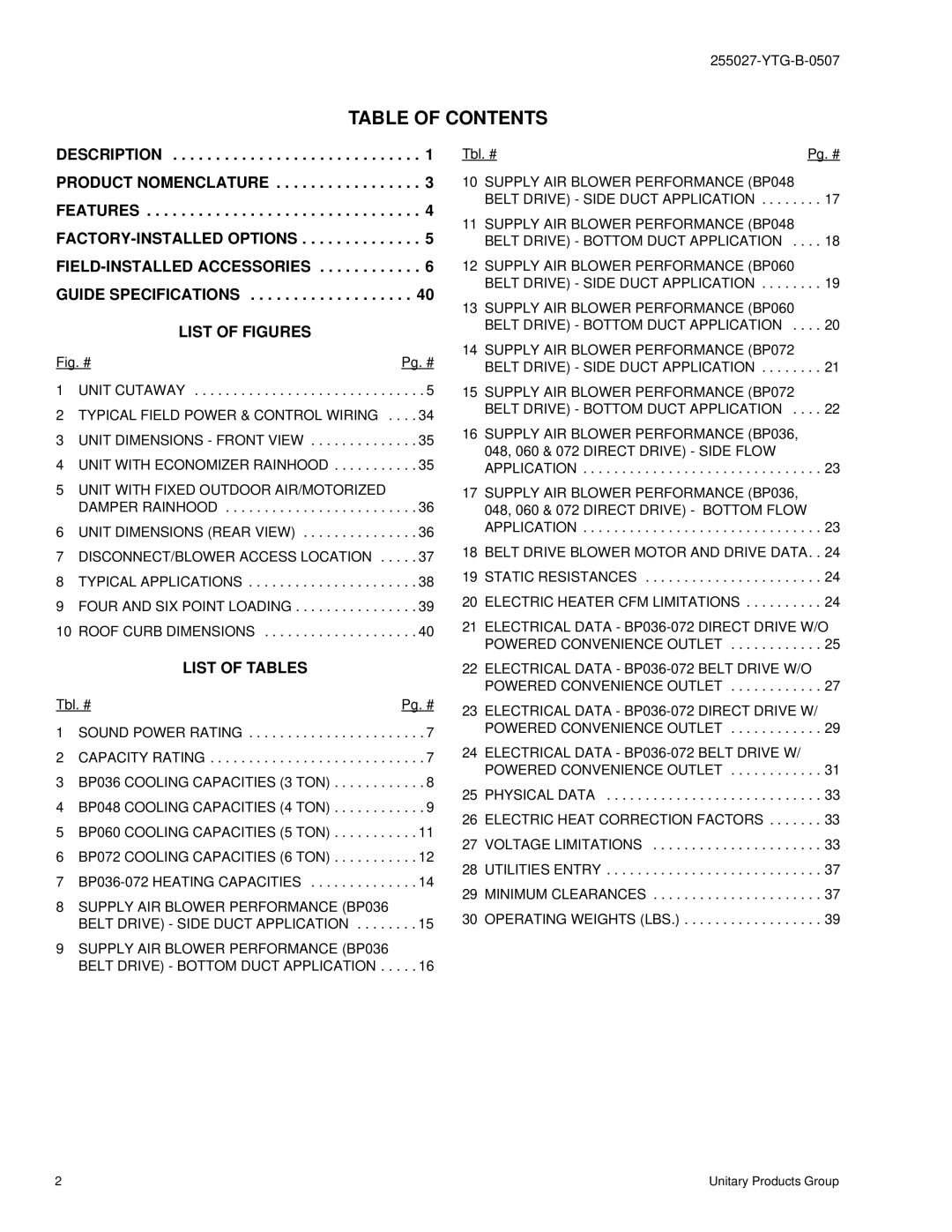 York BP 036 warranty Table of Contents 