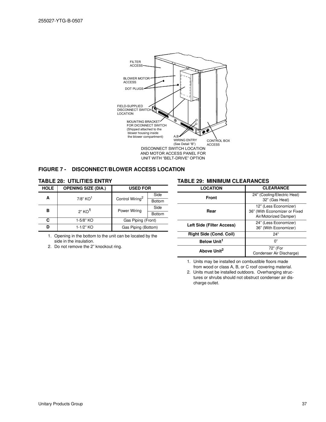 York BP 036 warranty DISCONNECT/BLOWER Access Location Utilities Entry, Minimum Clearances 