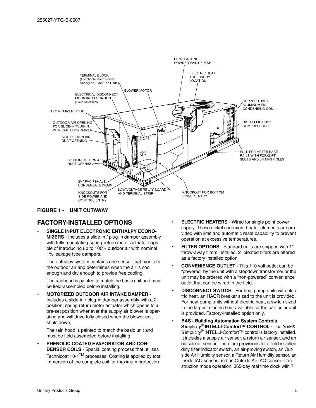 York BP 036 warranty FACTORY-INSTALLED Options, Unit Cutaway 