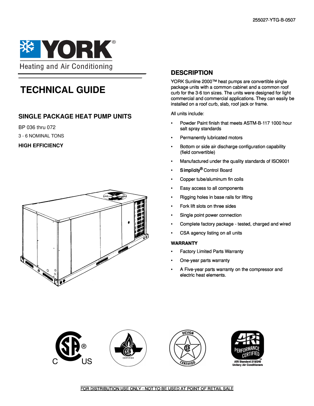 York warranty Single Package Heat Pump Units, Description, BP 036 thru, High Efficiency, Technical Guide 