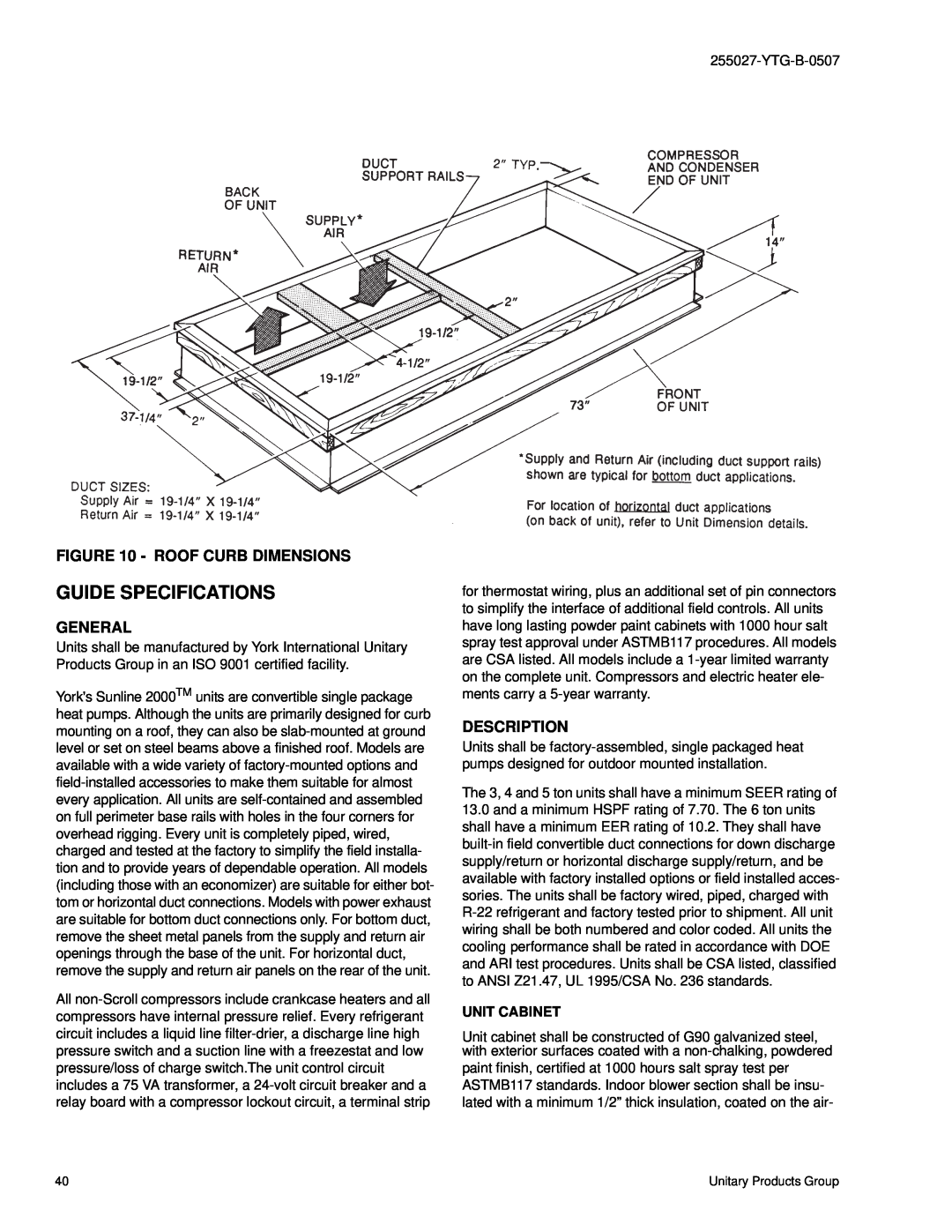York BP 036 warranty Guide Specifications, Roof Curb Dimensions, General, Description 