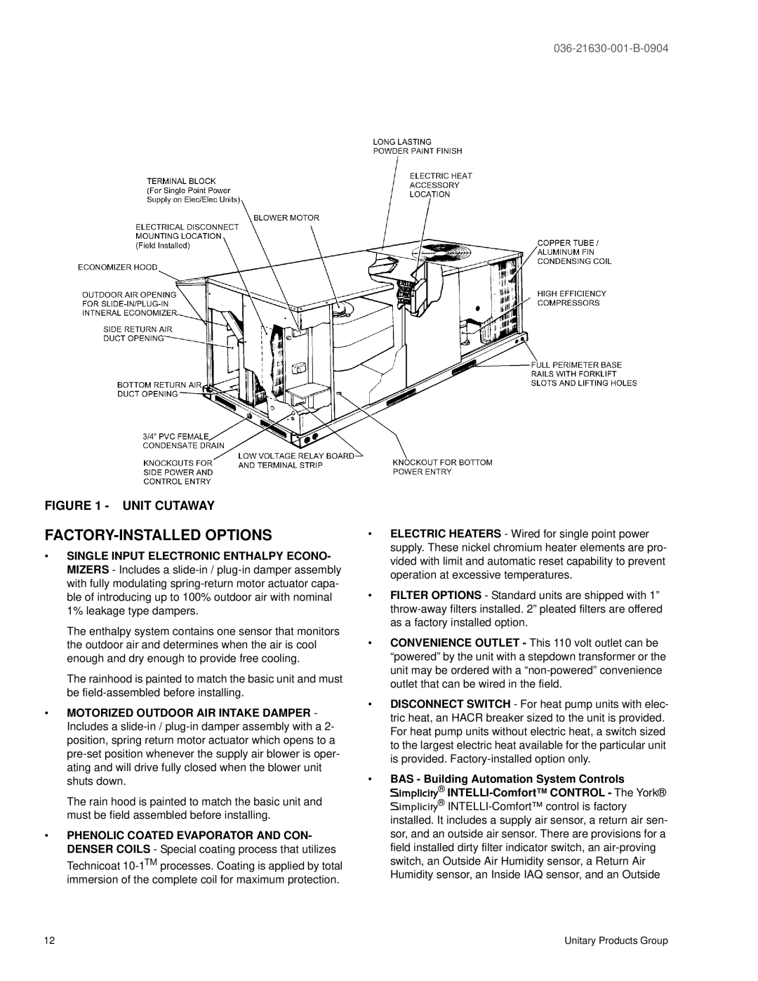 York BP 072 warranty FACTORY-INSTALLED Options, Unit Cutaway 