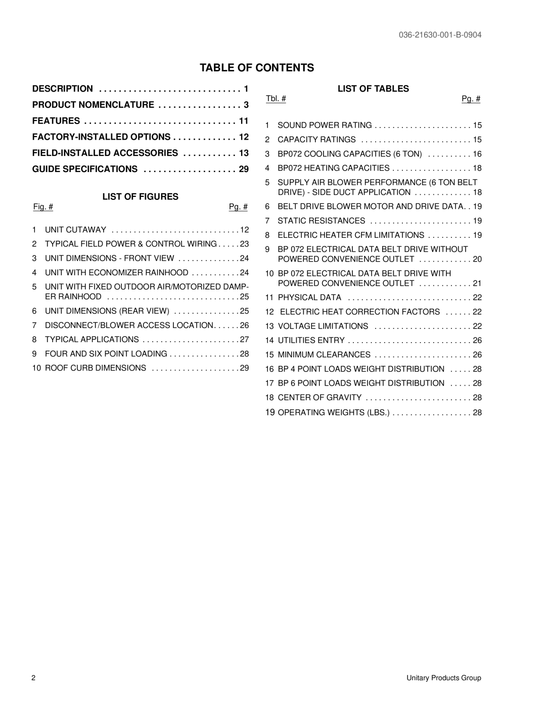 York BP 072 warranty Table of Contents 