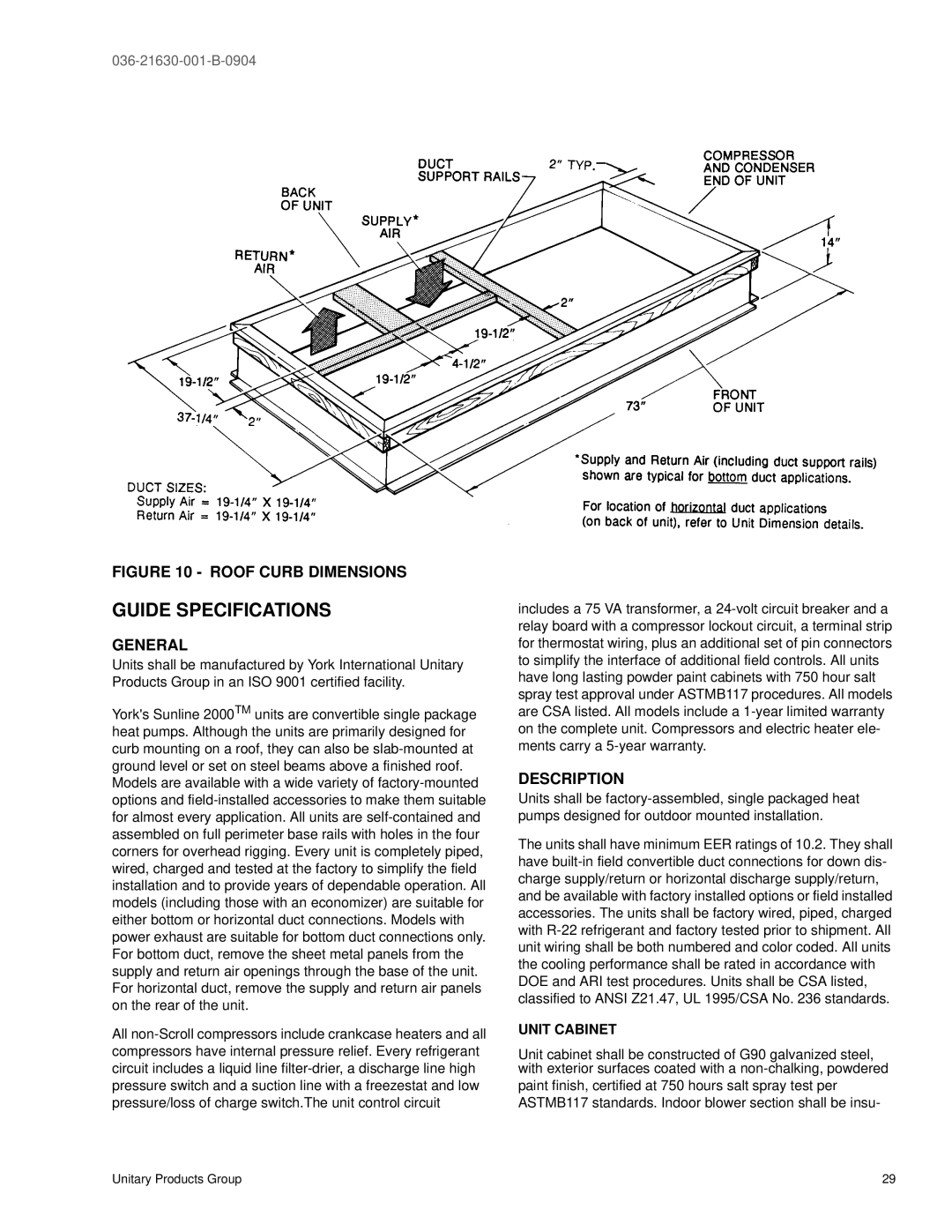 York BP 072 warranty Guide Specifications, General, Description 