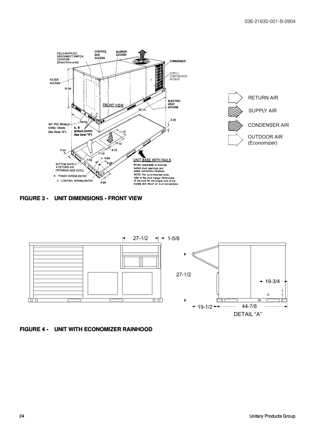 York BP 072 warranty Unit Dimensions - Front View, Detail “A”, Unit With Economizer Rainhood, 036-21630-001-B-0904 