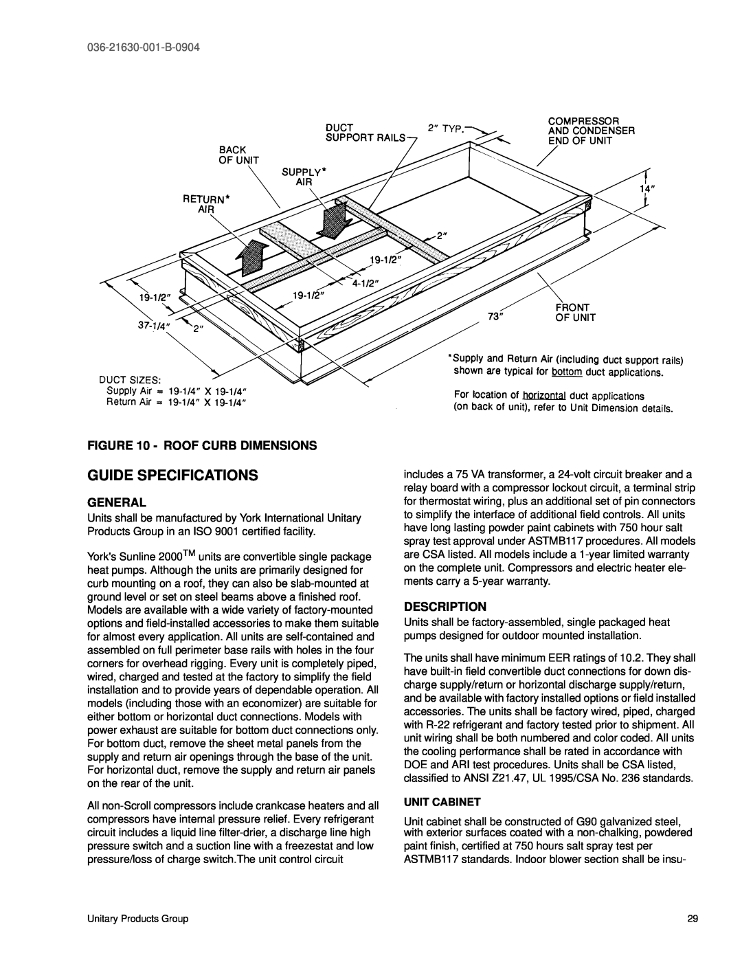 York BP 072 warranty Guide Specifications, Roof Curb Dimensions, General, Description, 036-21630-001-B-0904 