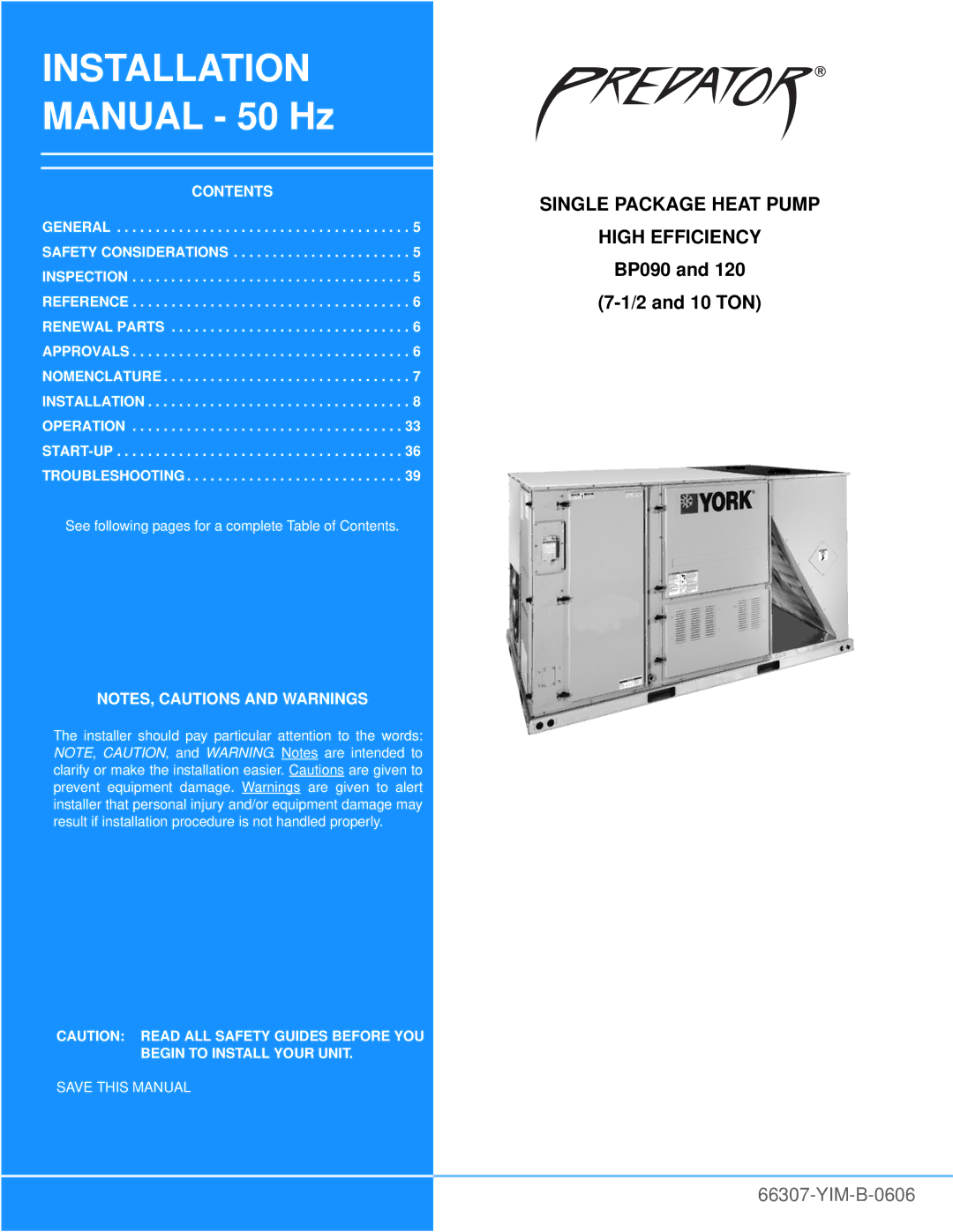 York BP120, BP 090 installation manual Installation Manual 50 Hz, Single Package Heat Pump High Efficiency 