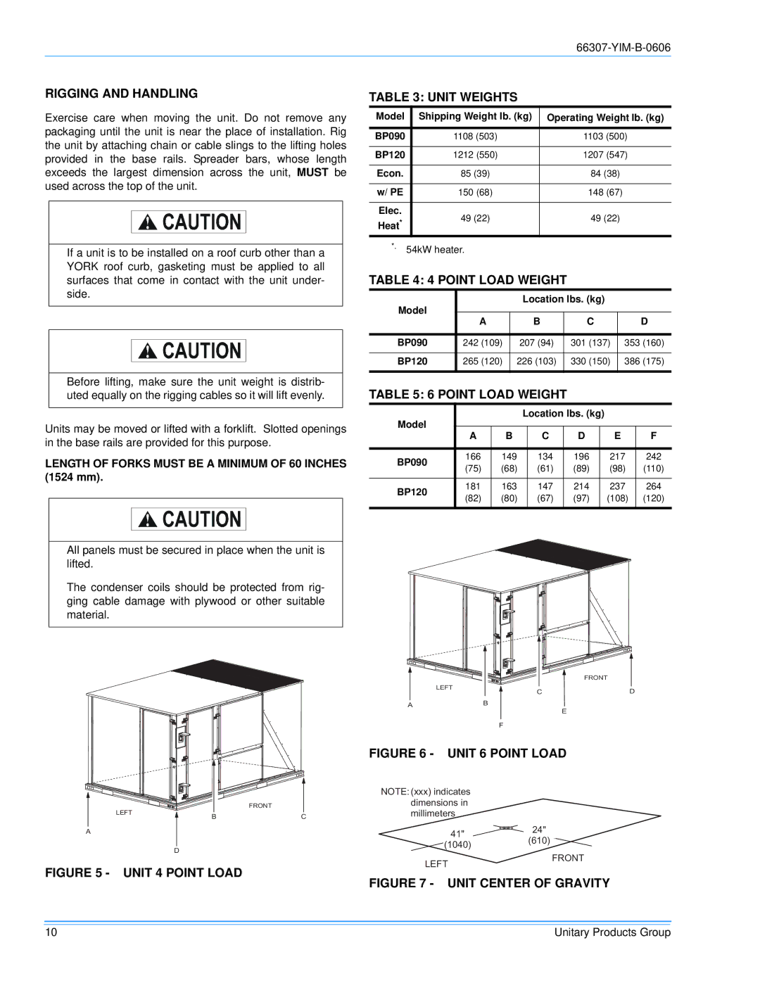 York BP 090, BP120 installation manual Rigging and Handling, Unit Weights, Point Load Weight 