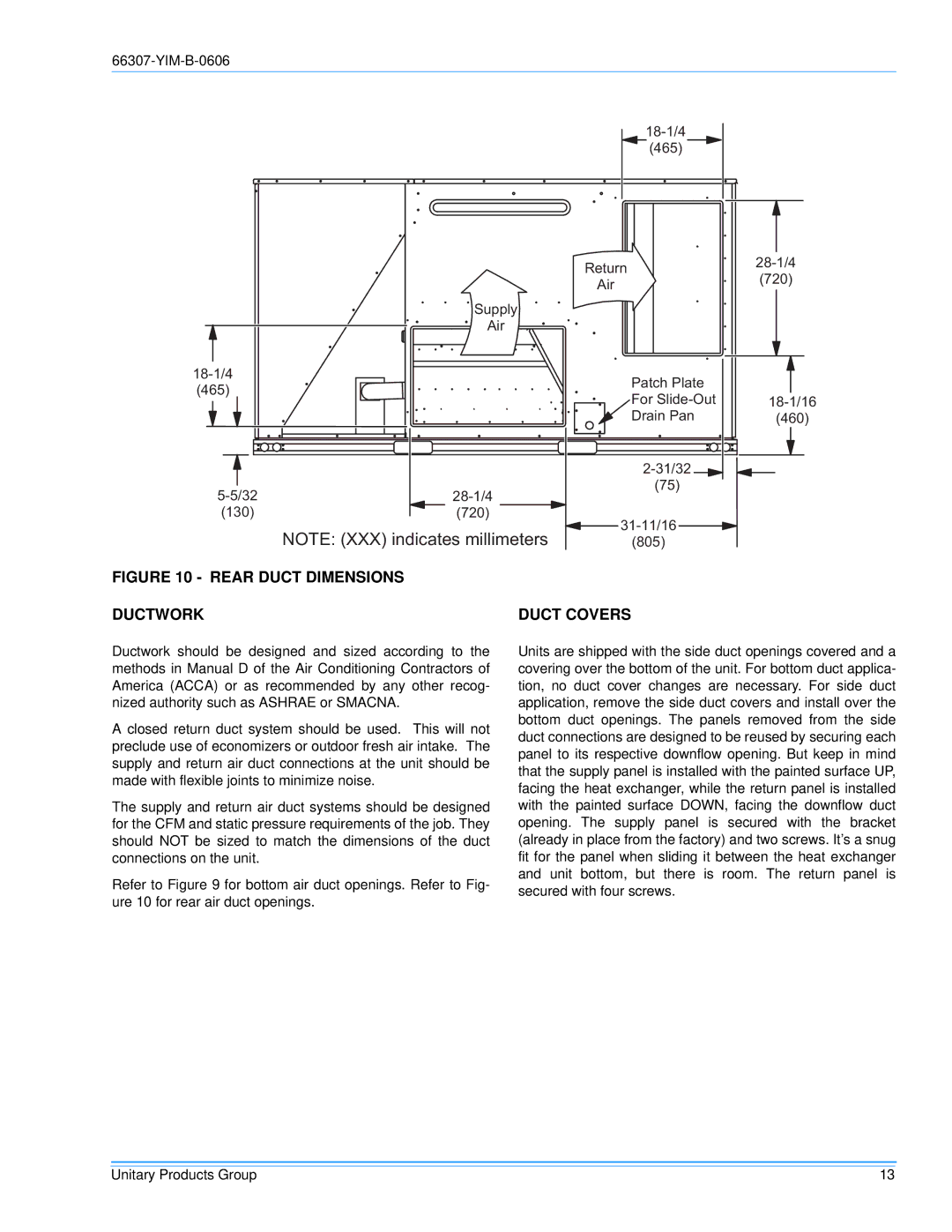 York BP120, BP 090 installation manual Rear Duct Dimensions Ductwork Duct Covers 