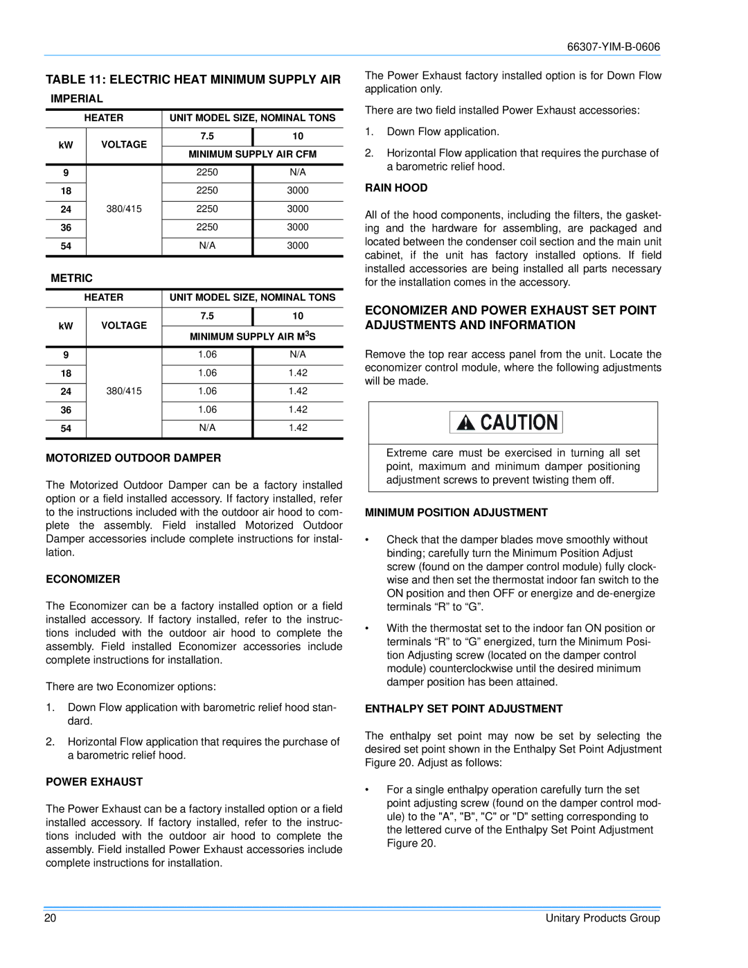 York BP 090, BP120 installation manual Electric Heat Minimum Supply AIR 