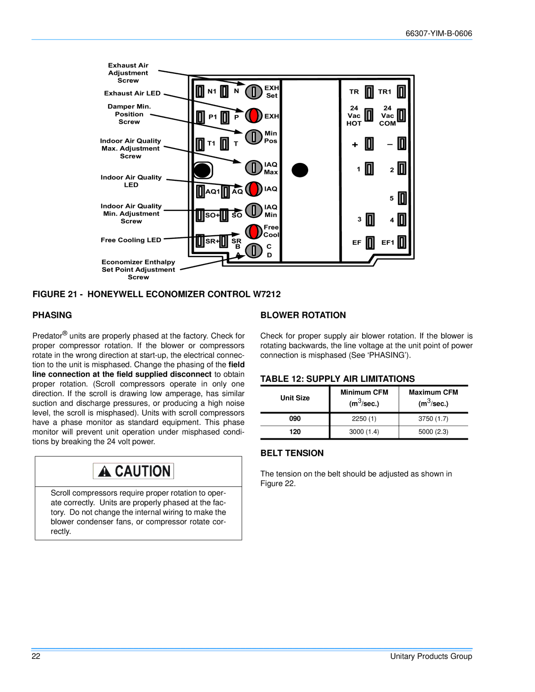 York BP 090, BP120 installation manual Blower Rotation, Supply AIR Limitations, Belt Tension 